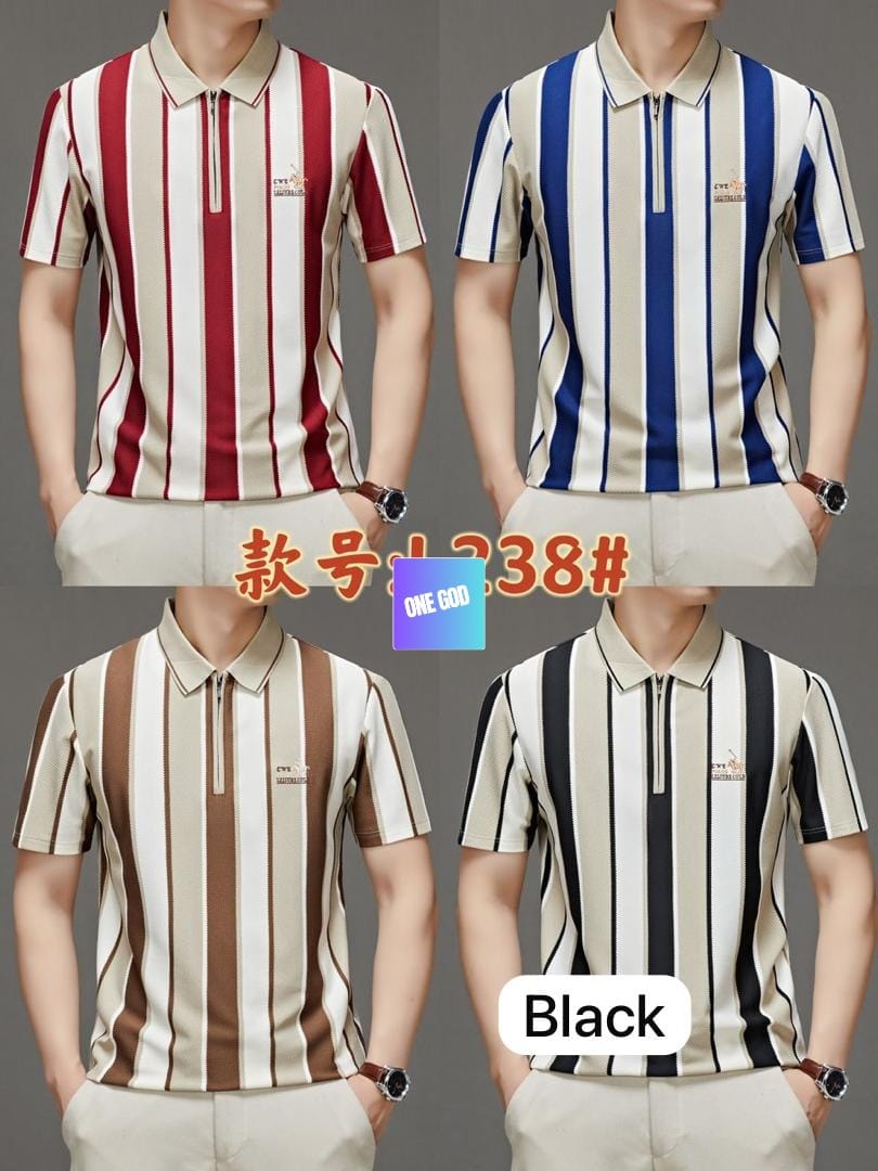 Four models wearing striped zip polo shirts in red, blue, brown and black colorways.