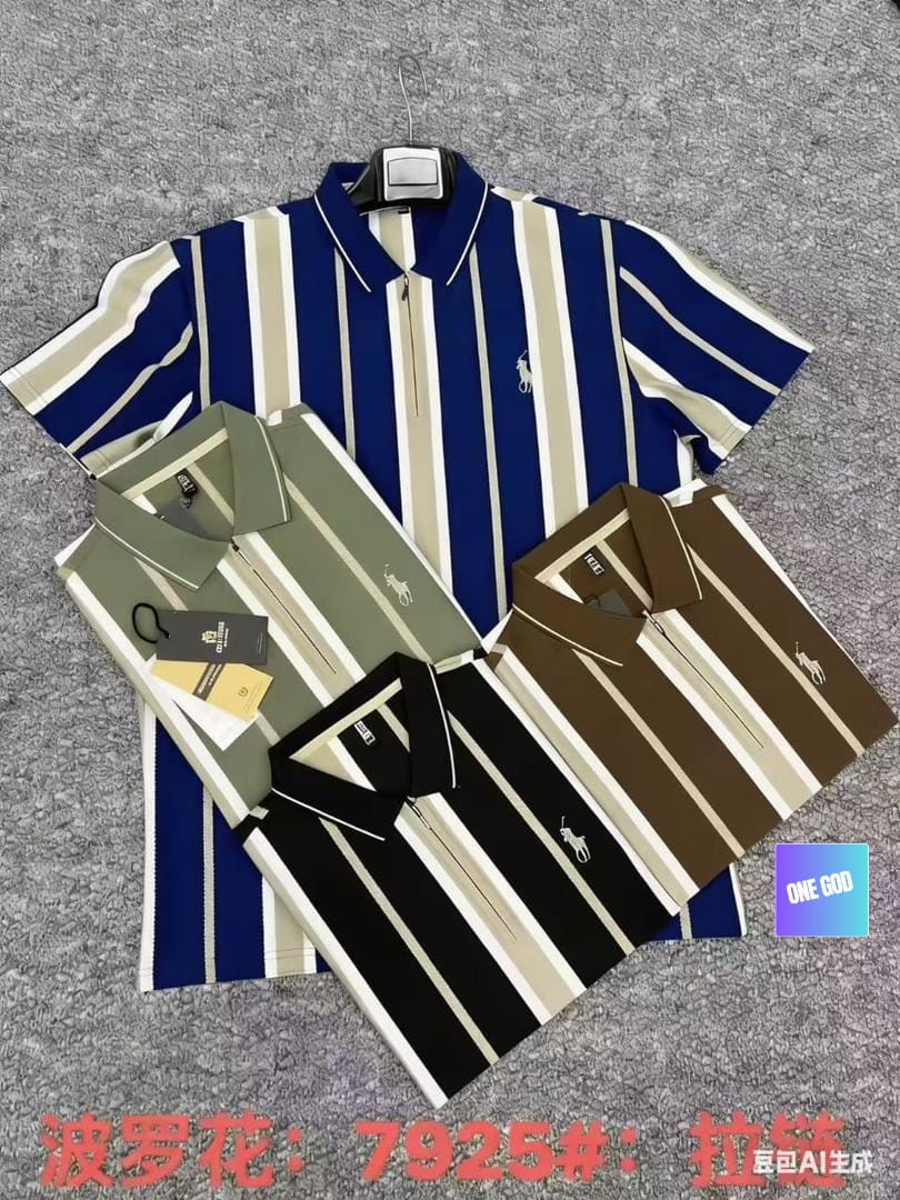 Three striped zip polo shirts in blue, olive and brown with additional black option below.
