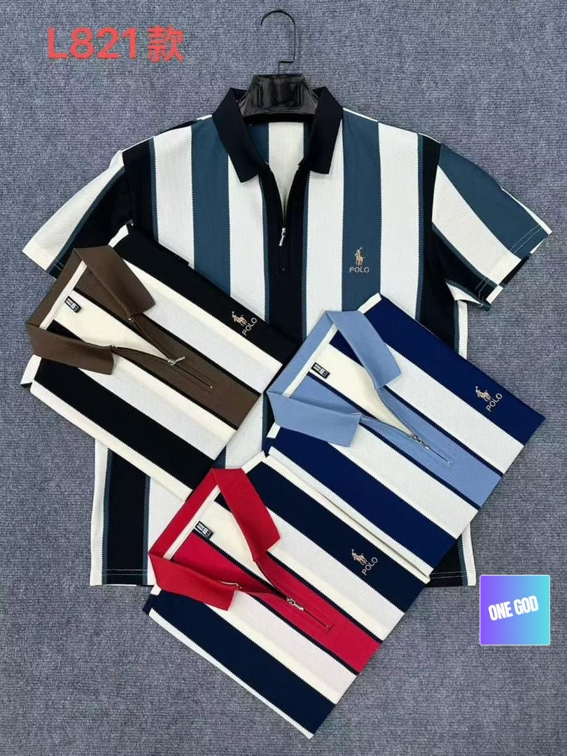 Five striped zip polo shirts in navy, brown, blue, red and black colorways displayed together.