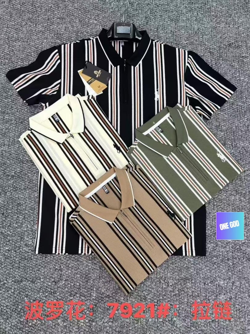 Four striped zip polo shirts in black, cream, olive and brown tones arranged on gray surface.