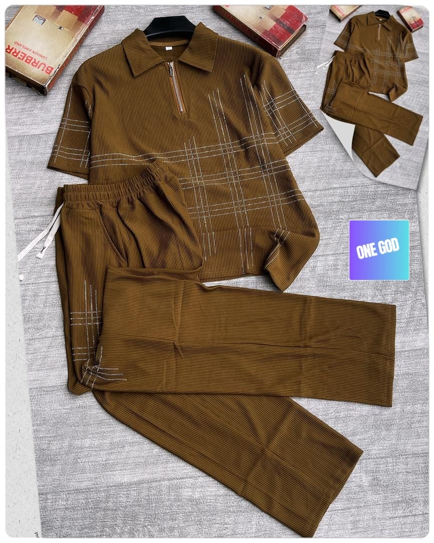 Olive ribbed two-piece set with white rhinestone plaid pattern on polo top and pants.