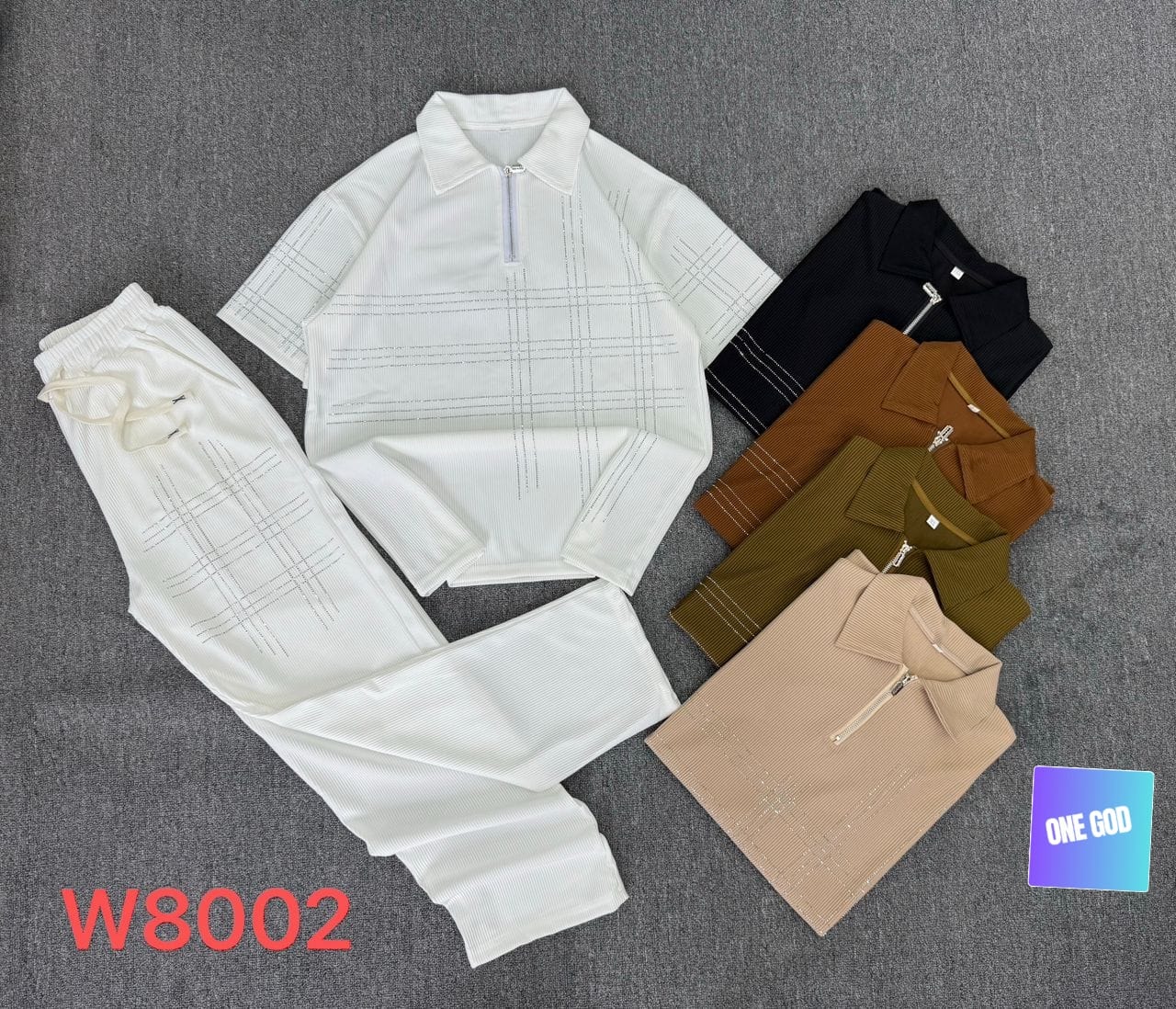 White rhinestone plaid ribbed two-piece set shown with other color variants.