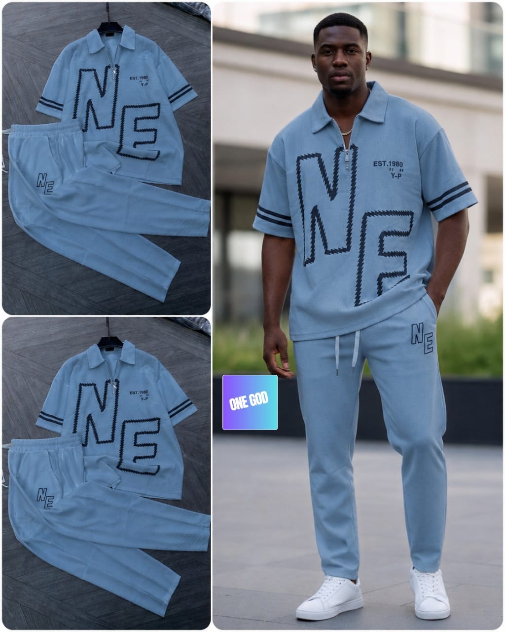 Light blue NE graphic ribbed two-piece set shown flat, on model and in detail views.
