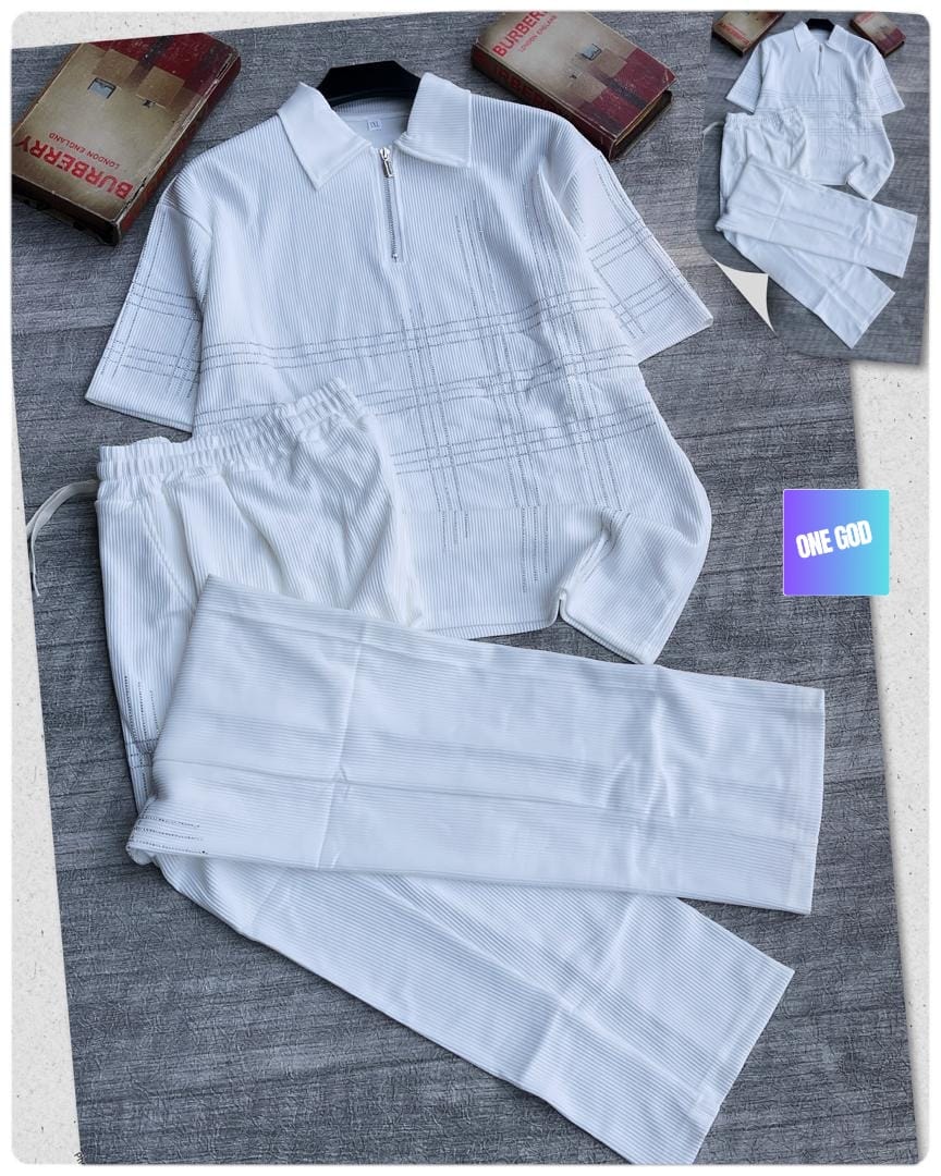 White ribbed two-piece set with gray rhinestone plaid pattern on polo top and pants.