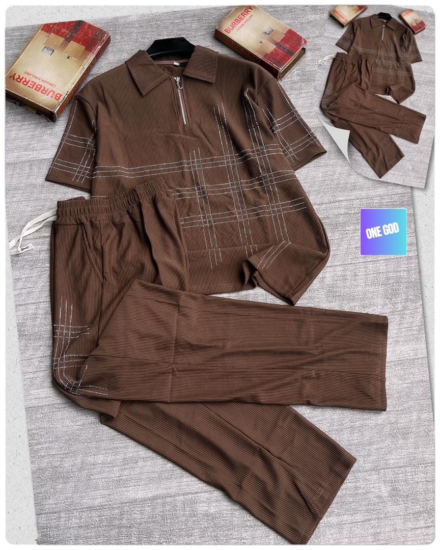 Brown ribbed two-piece set with white rhinestone plaid pattern on polo top and pants.