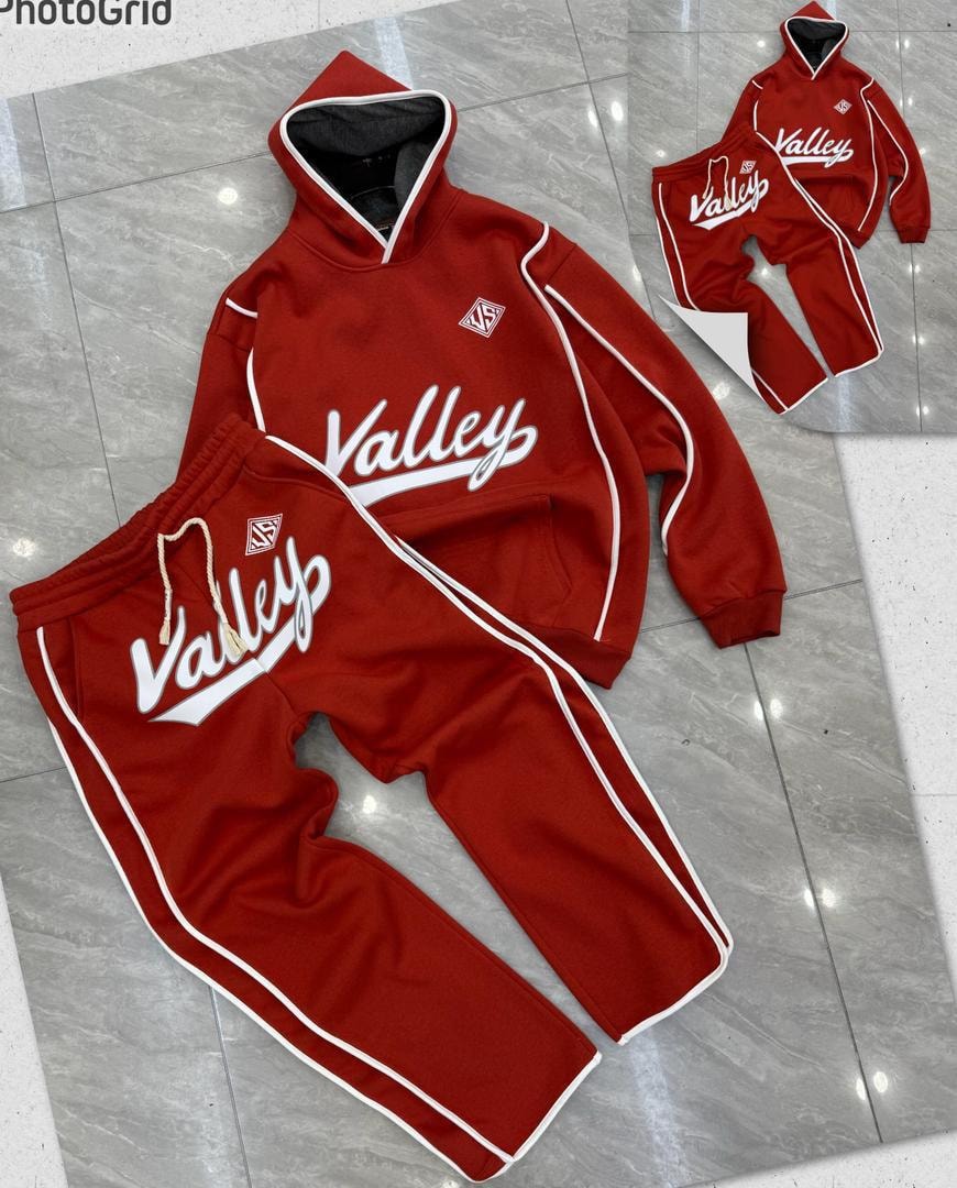Red Valley hooded tracksuit and joggers with white contrast piping and logos.