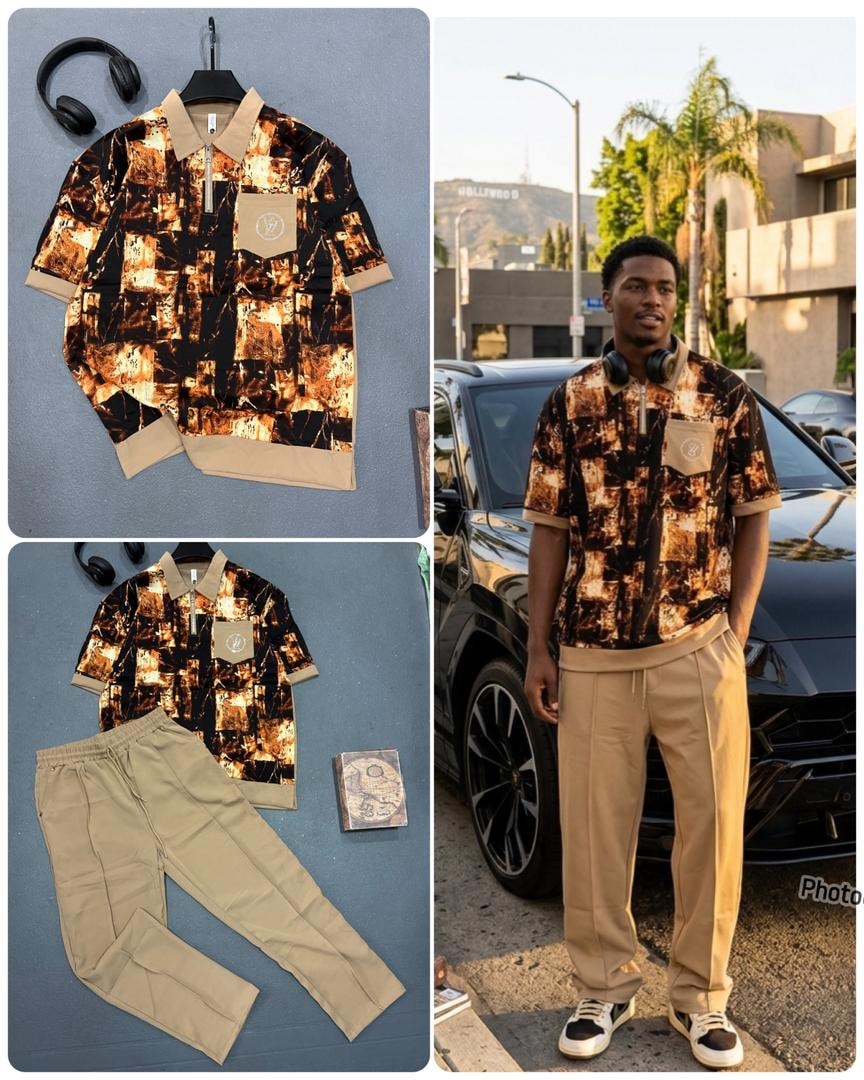Beige accent abstract print quarter-zip two-piece set shown on model outdoors.