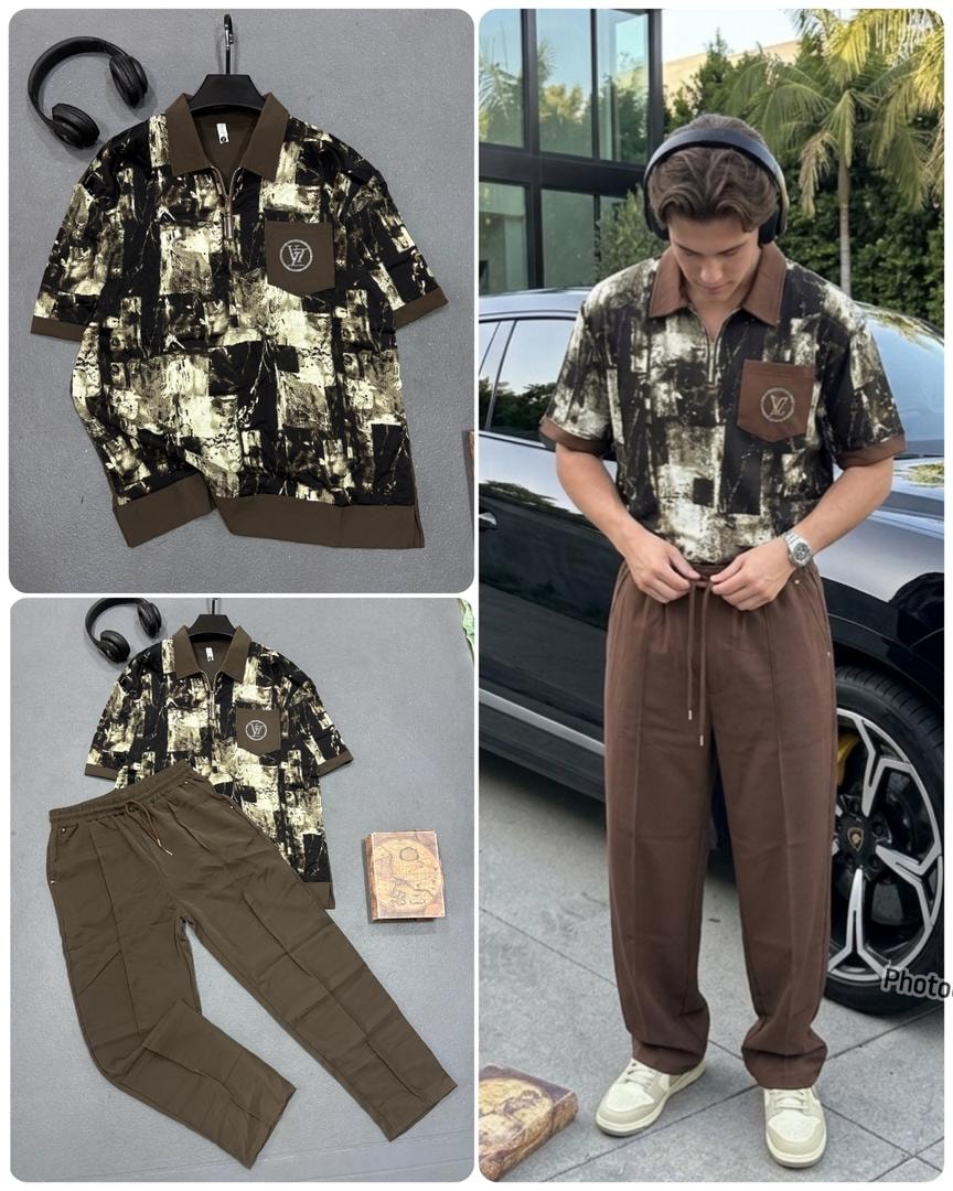 Brown accent abstract print quarter-zip two-piece set with model adjusting waistband.
