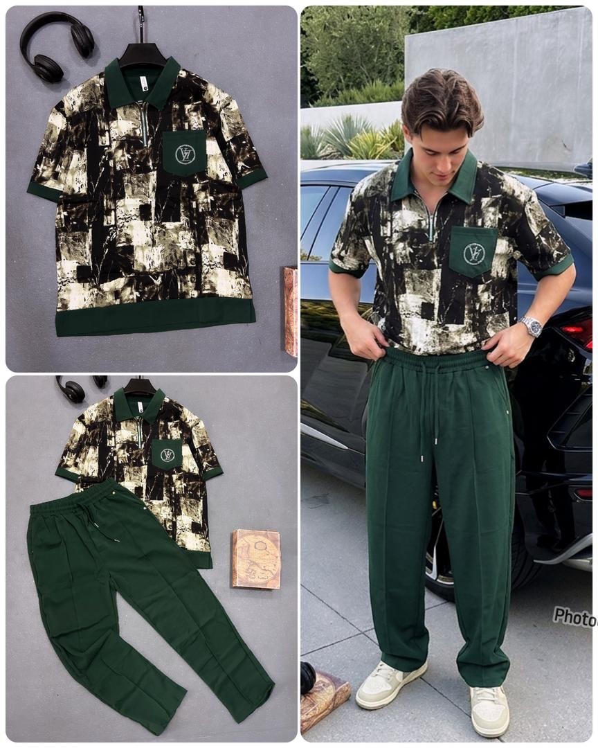 Green accent abstract print quarter-zip two-piece set shown on model and flat lay.