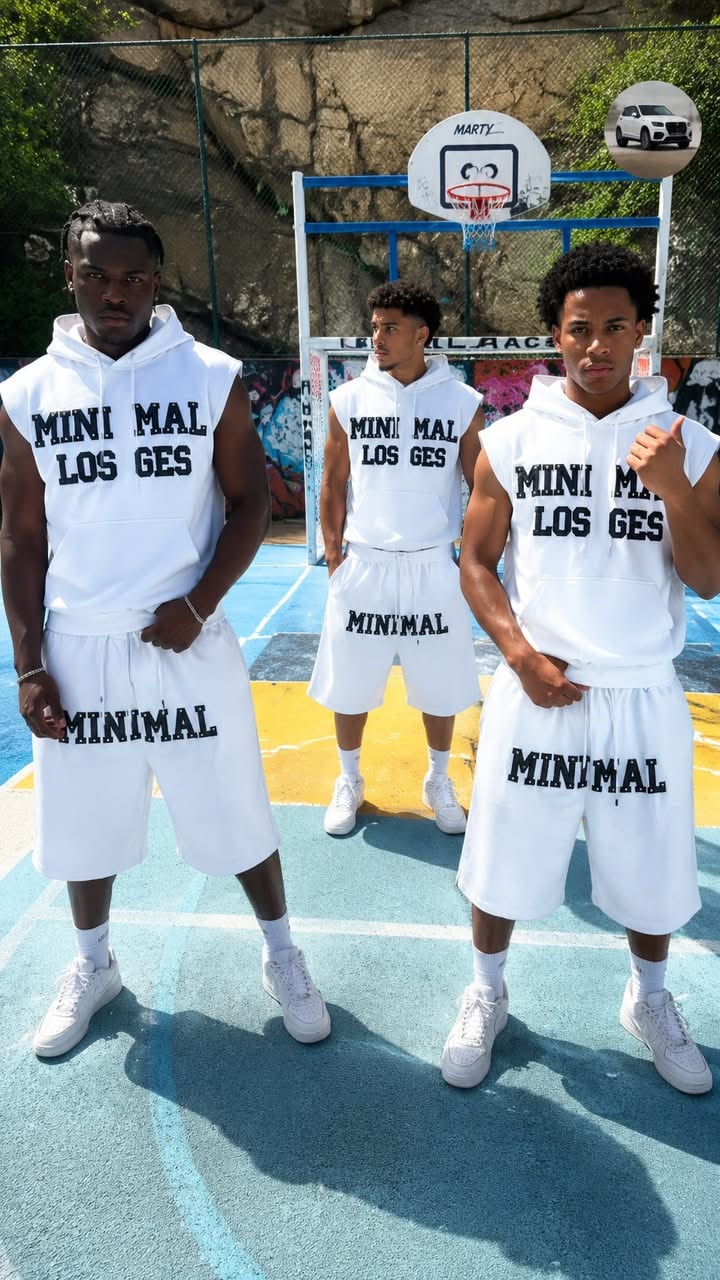 Three models wearing white minimal sleeveless hoodie and shorts set on outdoor basketball court.