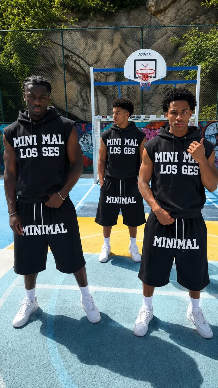 Three models wearing black minimal sleeveless hoodie and shorts set on outdoor basketball court.