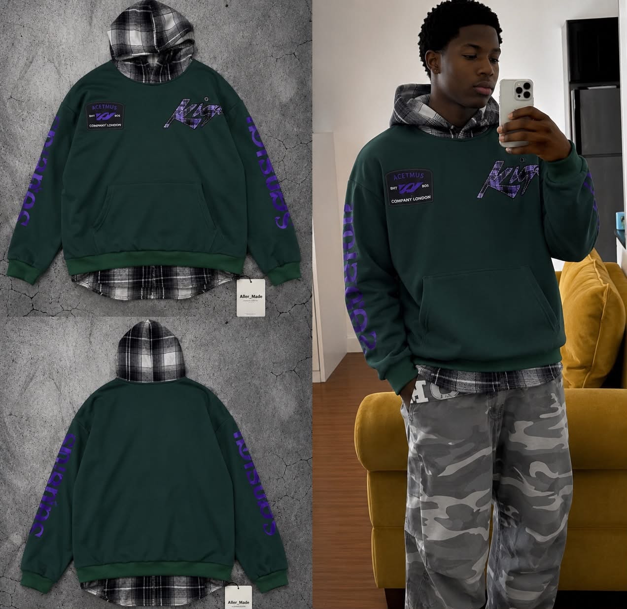 Green oversized graphic hoodie with plaid hood lining shown flat and on model with camo pants.