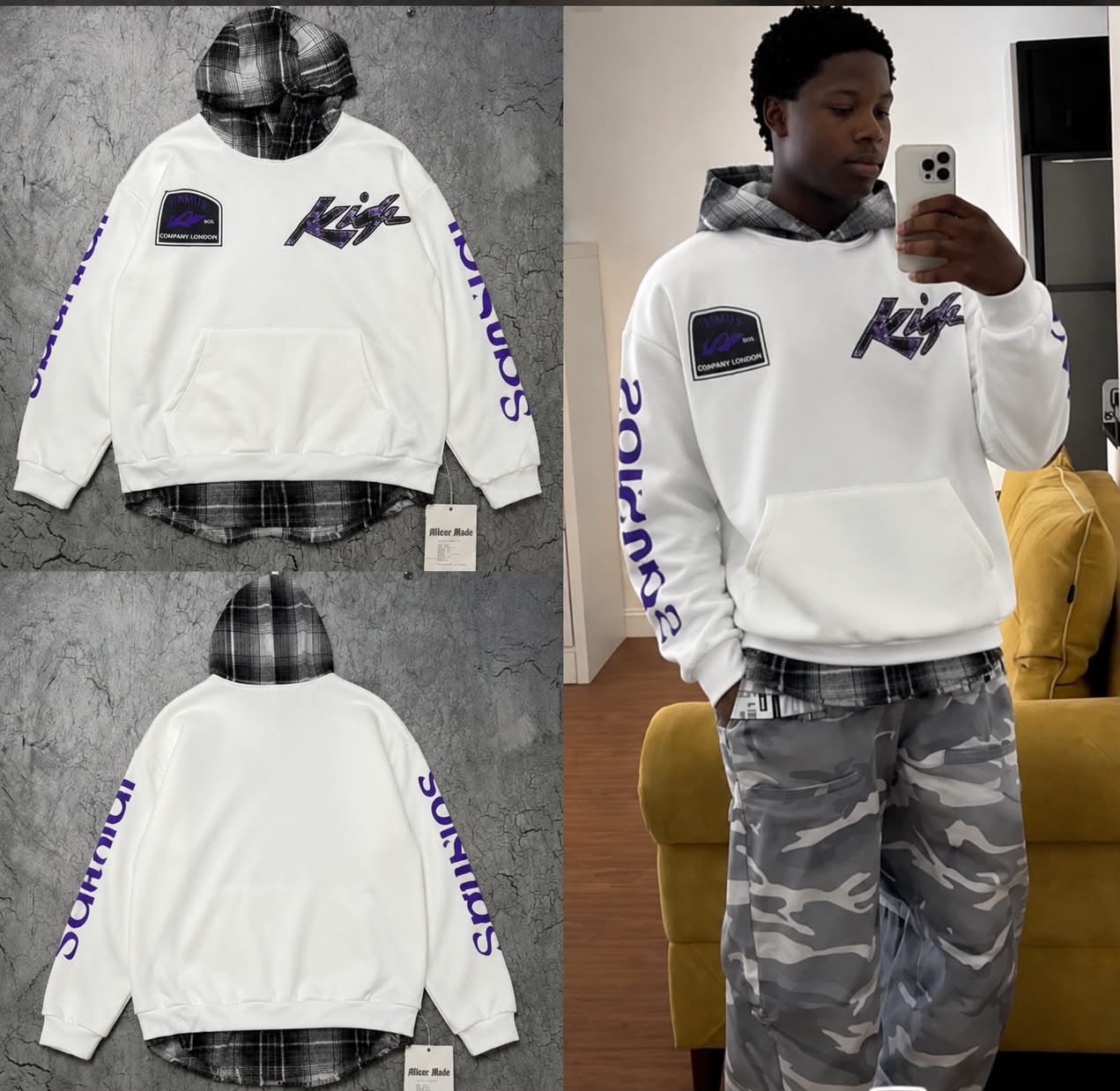 White oversized graphic hoodie with plaid hood lining shown flat and on model with camo pants.