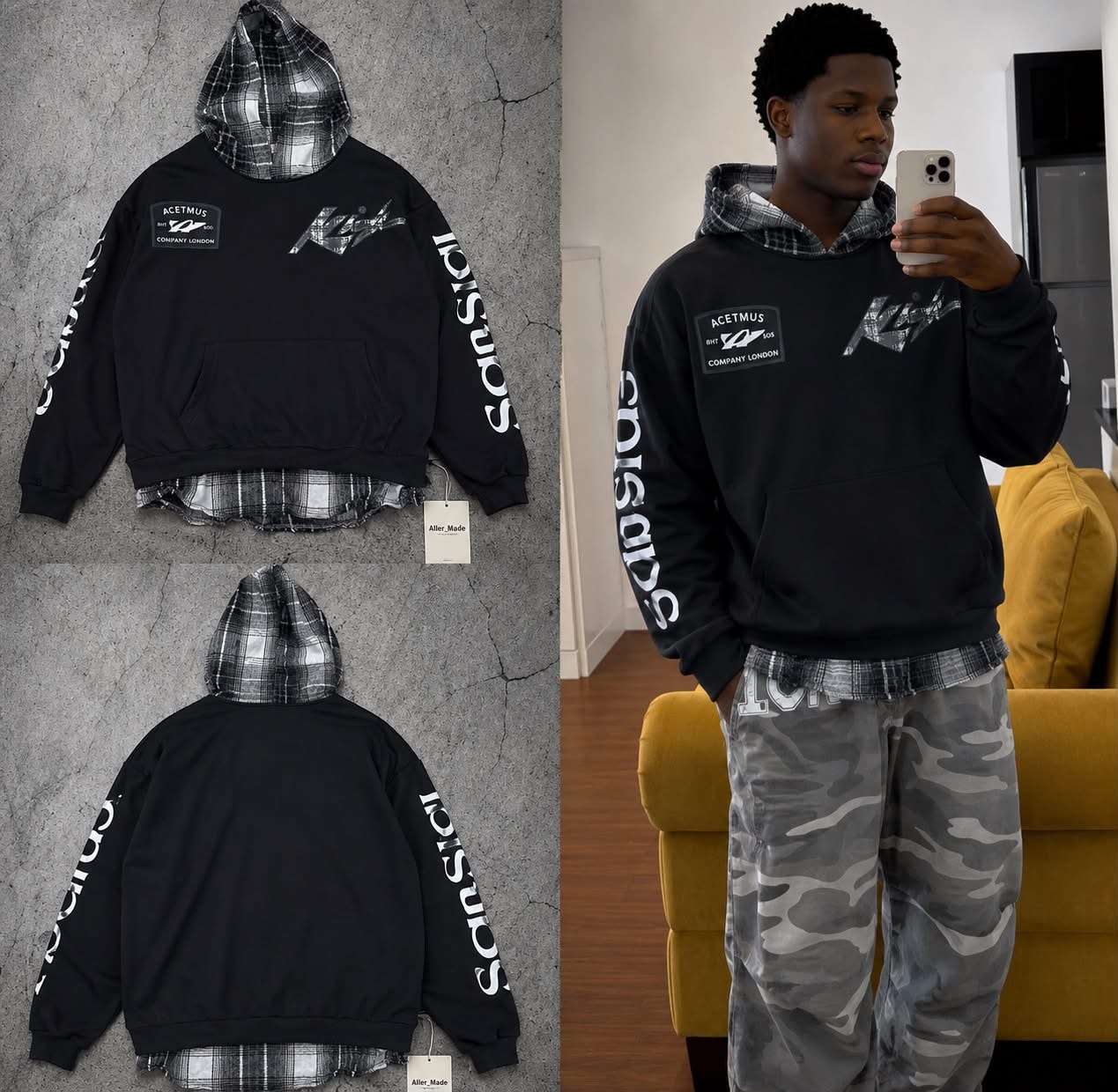 Black oversized graphic hoodie with plaid hood lining shown flat and on model with camo pants.