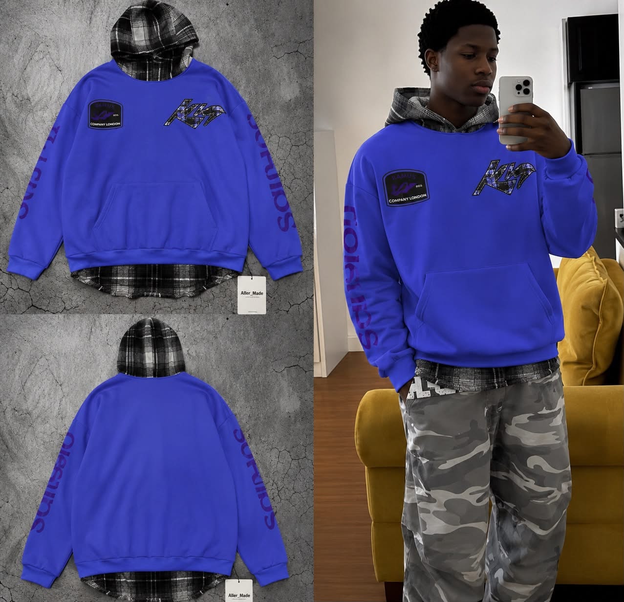 Blue oversized graphic hoodie with plaid hood lining shown flat and on model with camo pants.