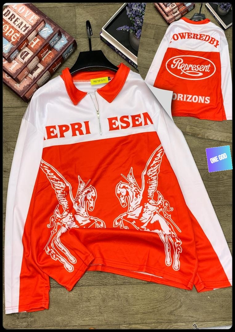 Red and white long sleeve jersey with Pegasus graphics, zip collar, and Represent text.