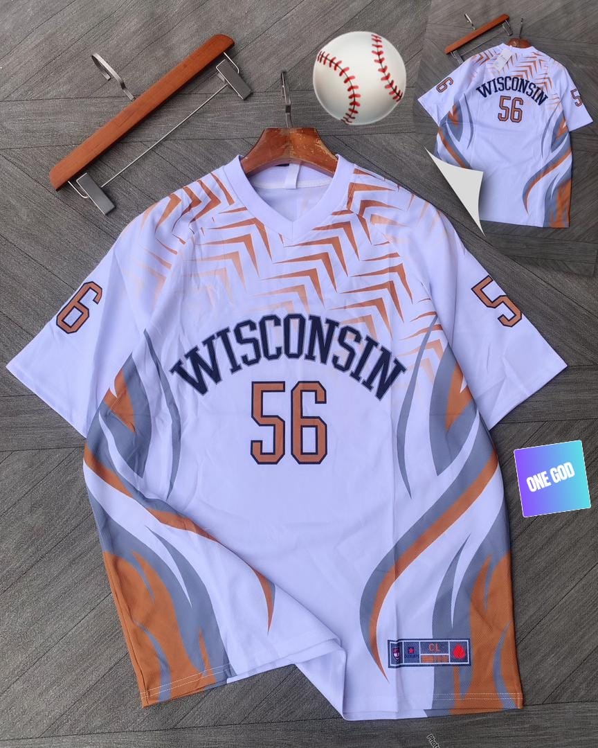 White baseball jersey with Wisconsin 56 and orange flame graphics, baseball and back view inset.