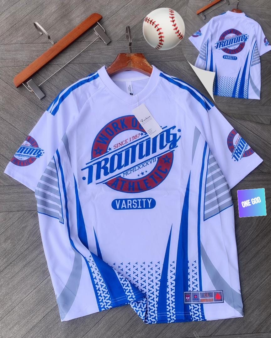 White and blue training varsity baseball jersey with graphic print, baseball and back view inset.