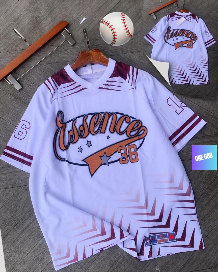 White baseball jersey with maroon Essence 36 graphic, baseball and back view inset.