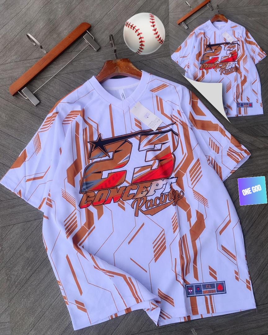 White baseball jersey with orange 23 Concept Racing graphic, baseball and back view inset.