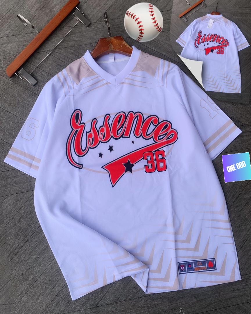 White baseball jersey with red Essence 36 script graphic, baseball prop and back view inset.