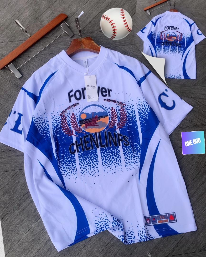 White and blue baseball jersey with Forever Chenlins graphic laid flat with baseball and back view inset.