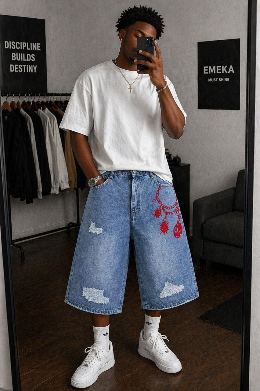 Man in mirror selfie wearing light blue distressed jorts with red chain design, white tee and white sneakers.