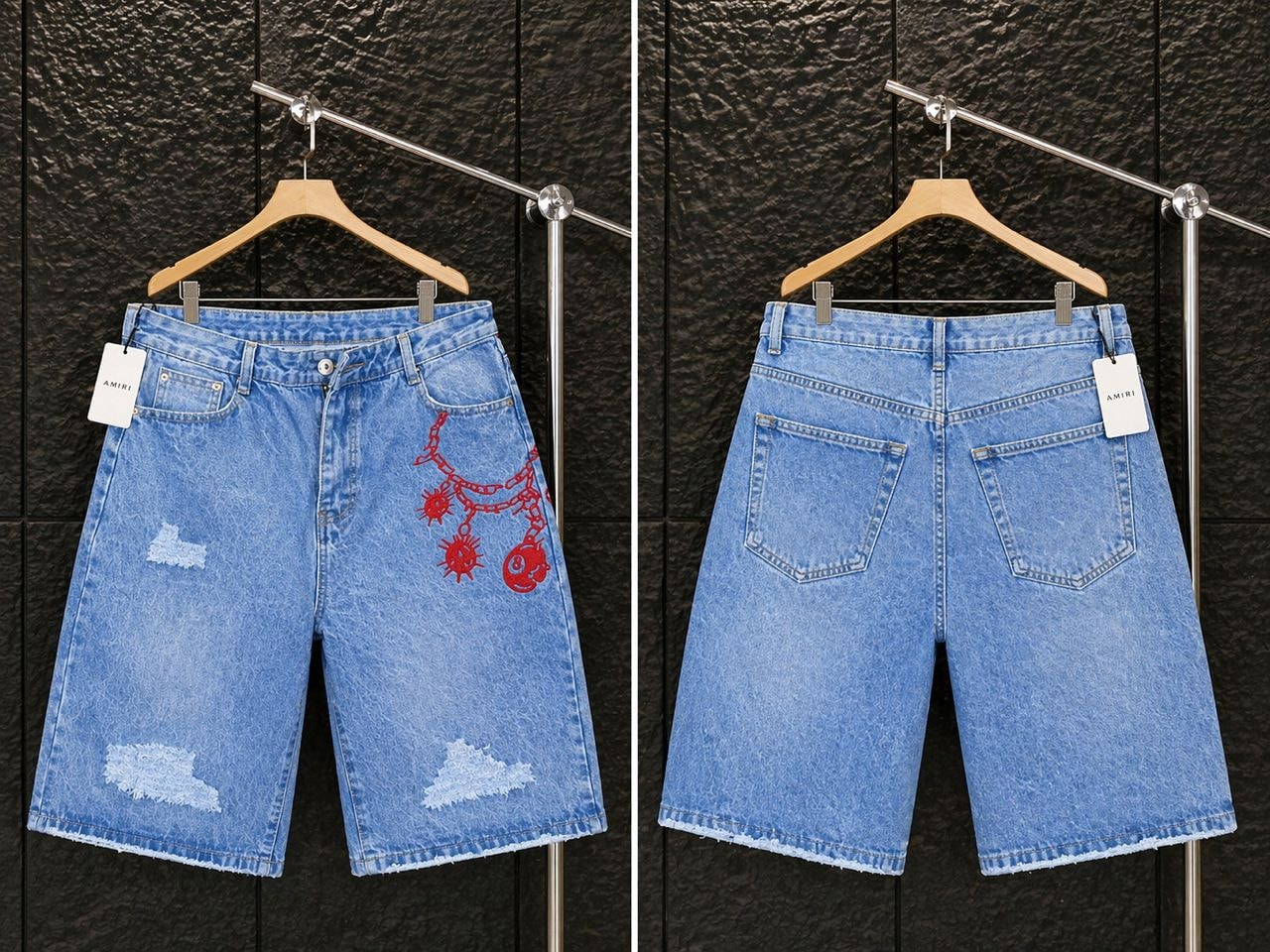 Front and back views of light blue distressed baggy jorts with red embroidery on hanger.