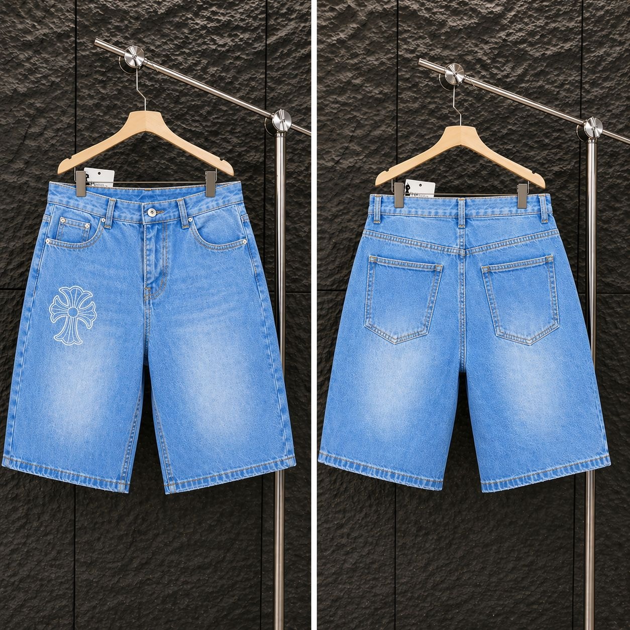 Front and back views of light blue baggy denim jorts with white cross logo on hanger.