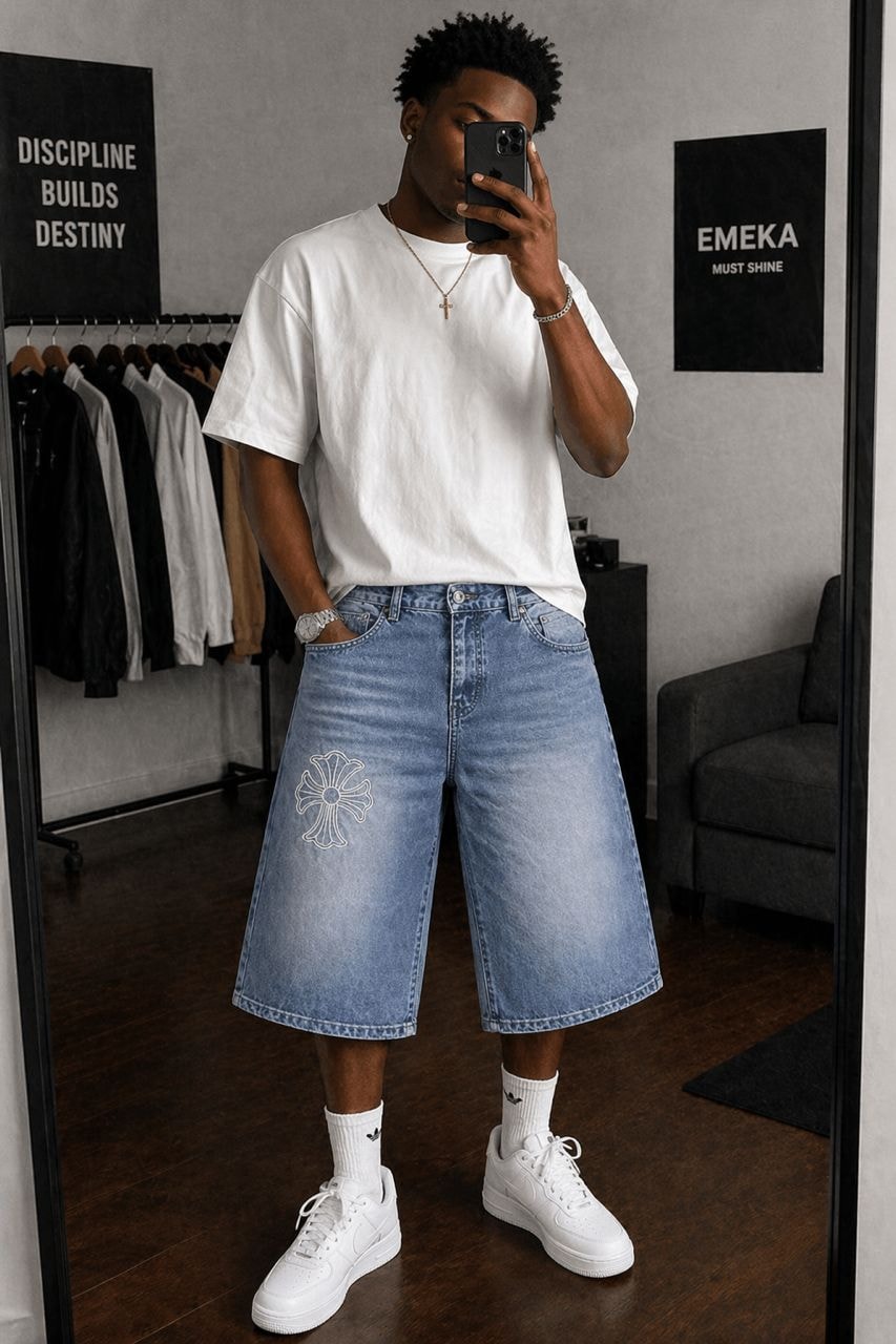 Man wearing light blue baggy jorts with cross logo, white tee and sneakers in mirror selfie.