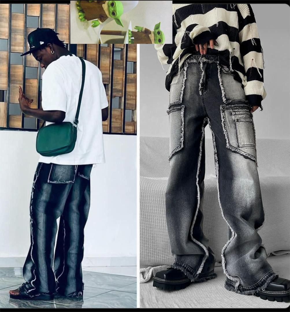 Two models wearing black baggy jeans - one with contrast white panels and stitching, one with multi-pocket cargo style.
