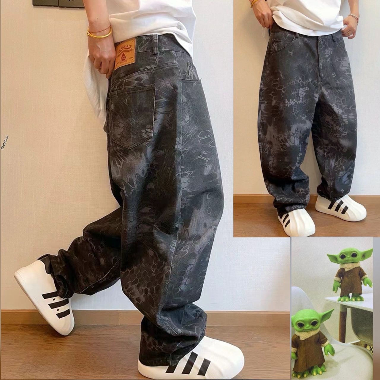 Model wearing black snakeskin printed baggy jeans with white sneakers in multiple poses.