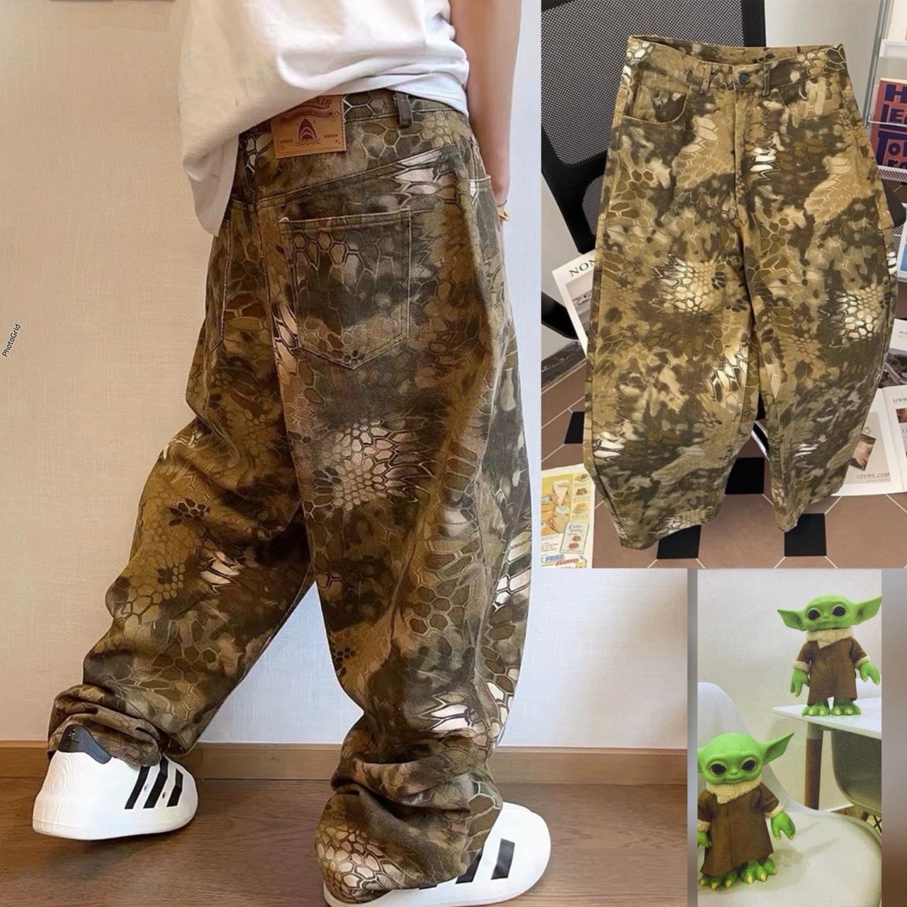 Model wearing brown snakeskin printed baggy jeans with white sneakers in multiple views.