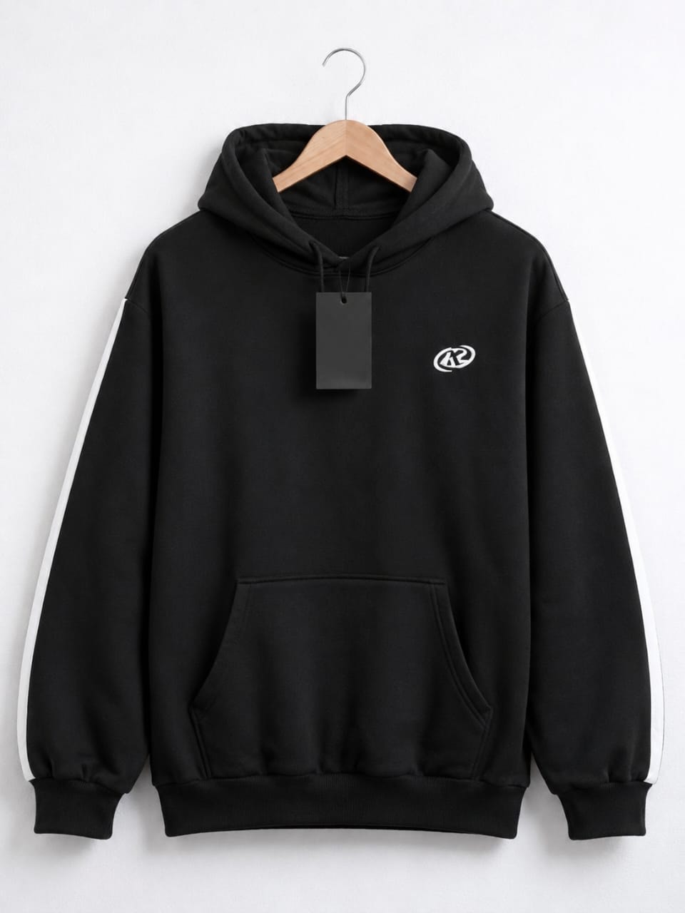 Black pullover hoodie with white stripes down the sleeves and small white logo on chest.