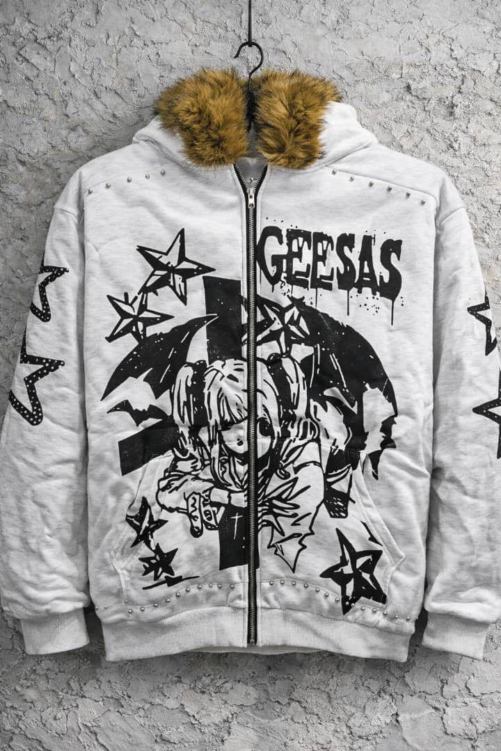 White zip-up hoodie with brown fur hood and large black anime graphic print on back with GEESAS text.
