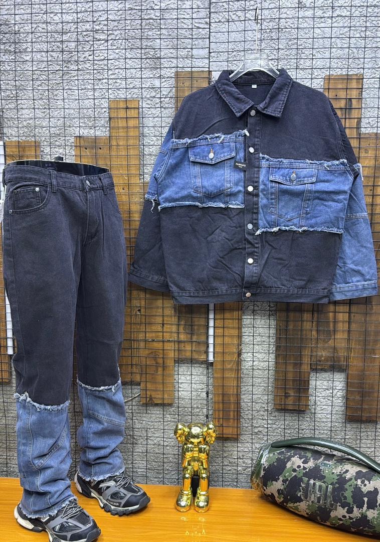Two-tone patchwork denim jacket with frayed hems and matching pants.
