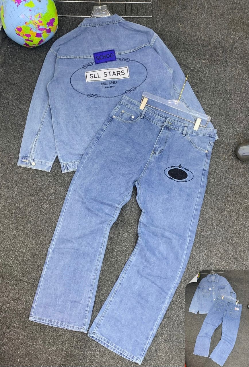Light blue denim jacket and jeans with SLL Stars patch details on back and leg.