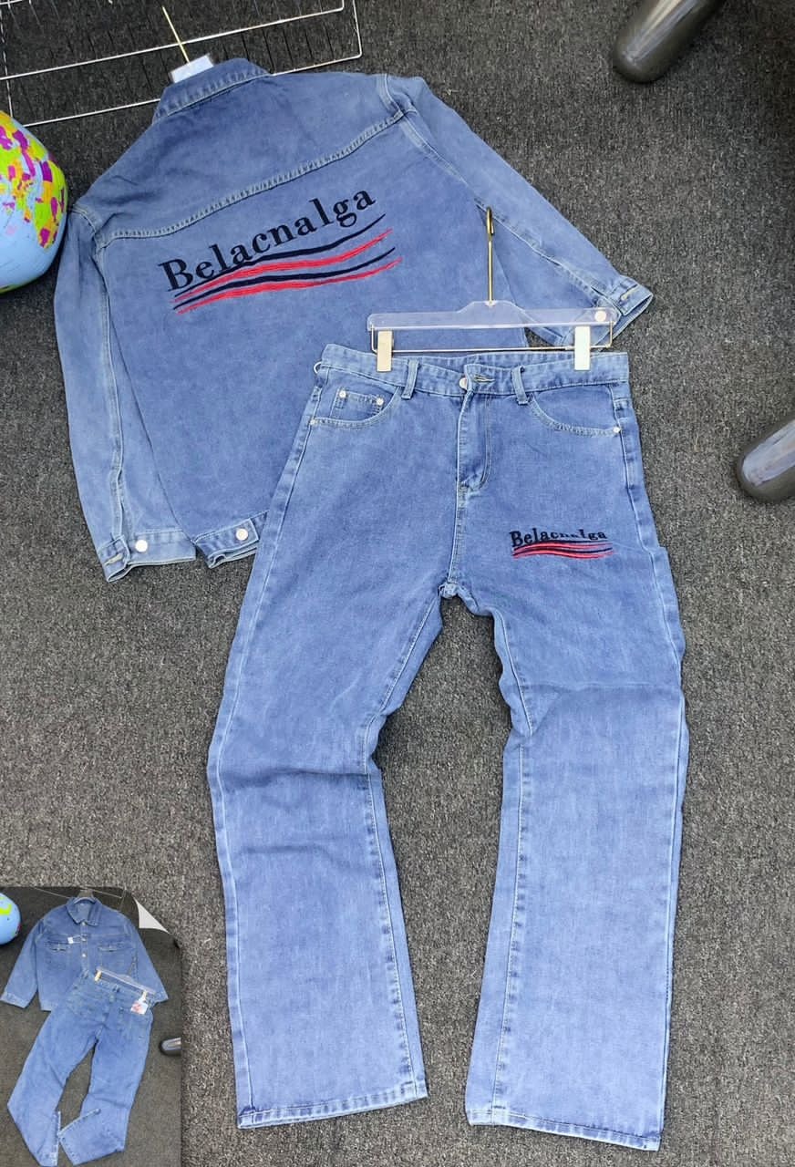 Light blue denim two-piece set with striped script logo on jacket back and pants.