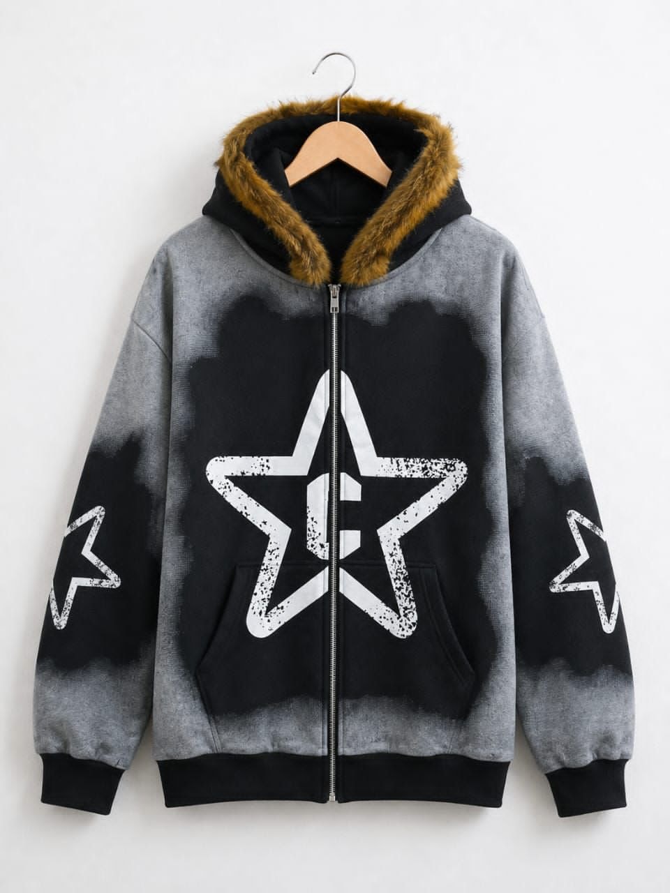 Gray and black tie-dye zip-up hoodie with white star graphic and fur hood.