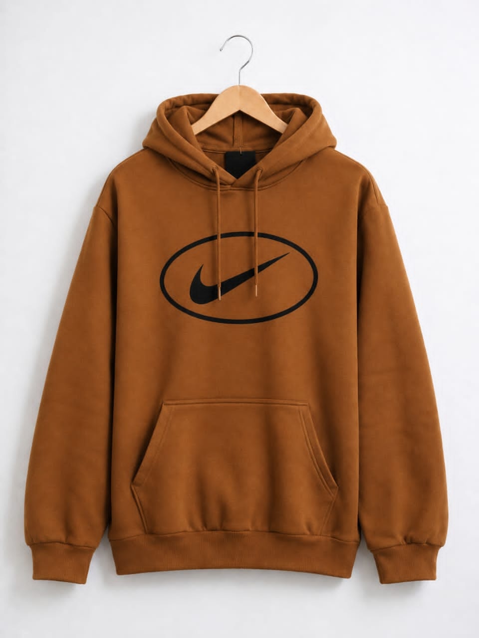 Brown Nike hoodie with swoosh logo in oval on chest, on hanger.