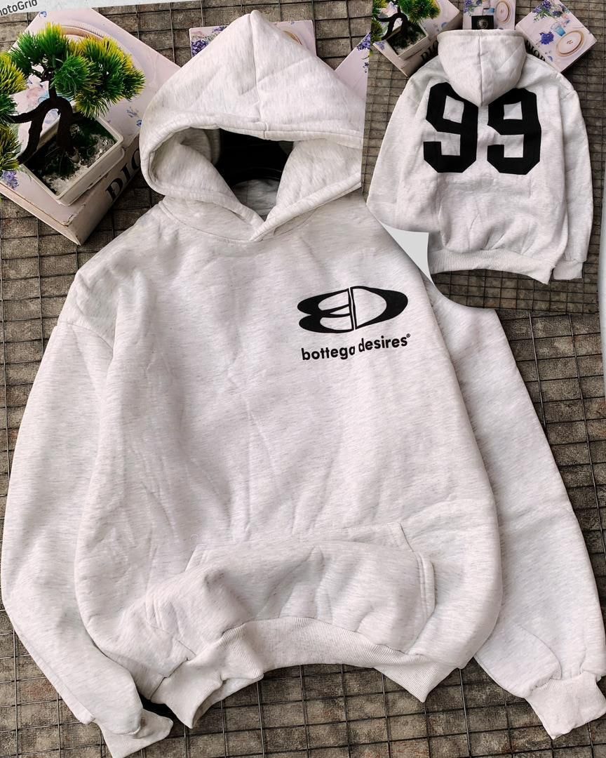 White hoodie with Bottega Desires logo on front and 99 on back.