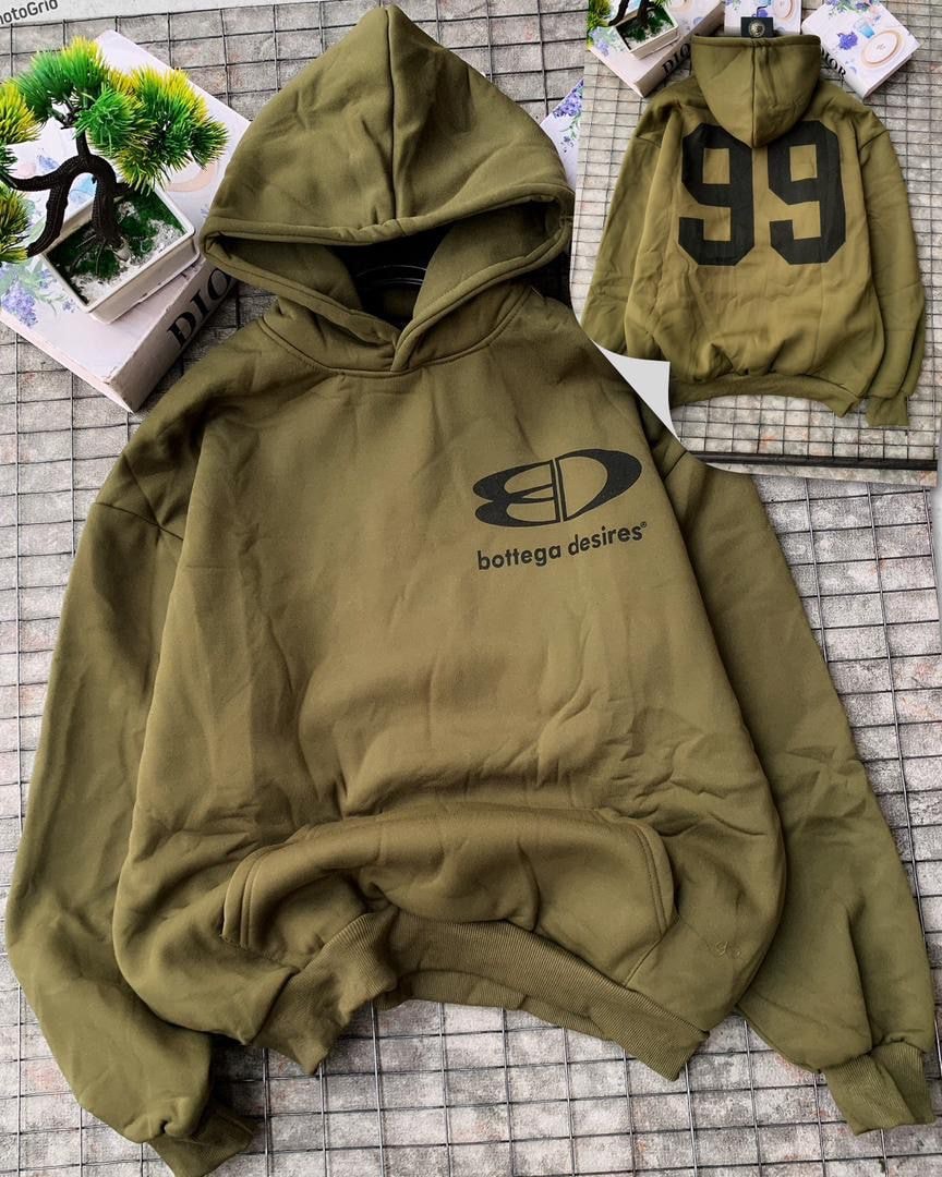 Olive green hoodie with Bottega Desires logo on front and 99 on back.