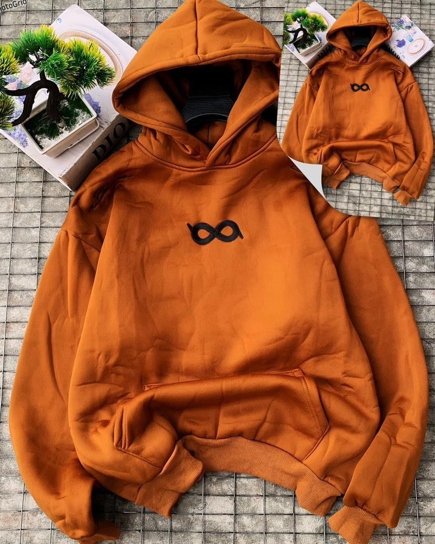 Orange hoodie with black infinity symbol on chest.