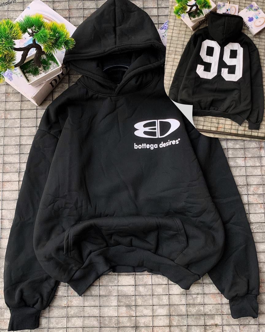 Black hoodie with Bottega Desires logo on front and 99 on back.