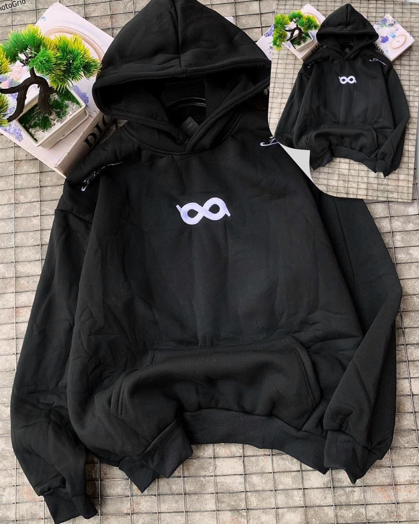 Black hoodie with white infinity symbol on chest.