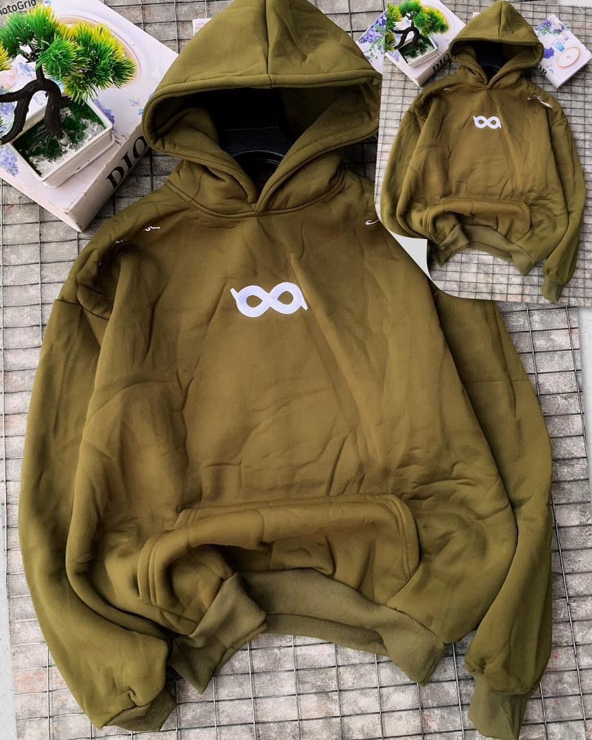 Olive green hoodie with white infinity symbol on chest.