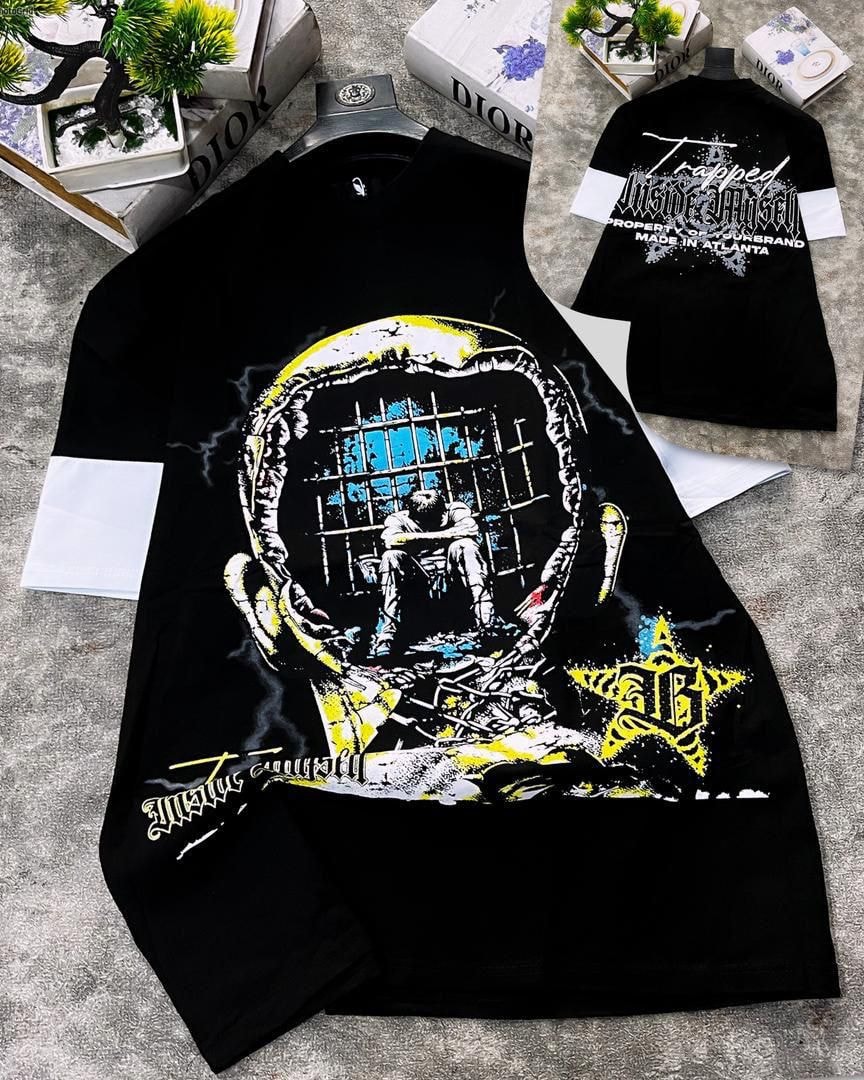 Black round neck t-shirt with trapped head prison graphic and back print.