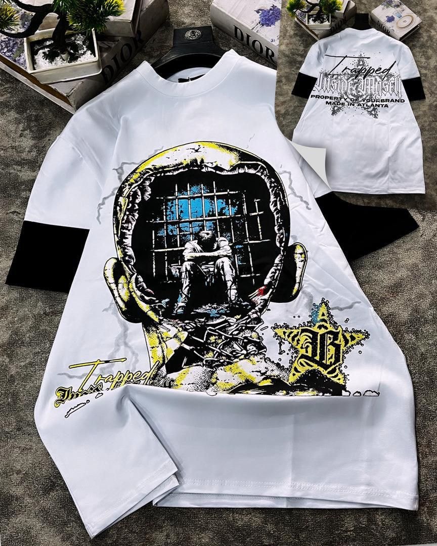 White round neck t-shirt with trapped head prison graphic and back print.