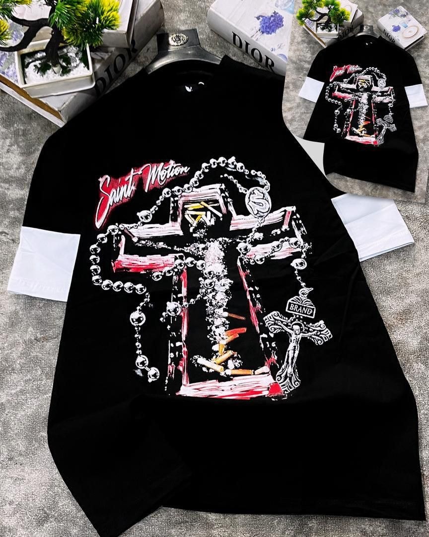 Black round neck t-shirt with large cross and chain graphic print.