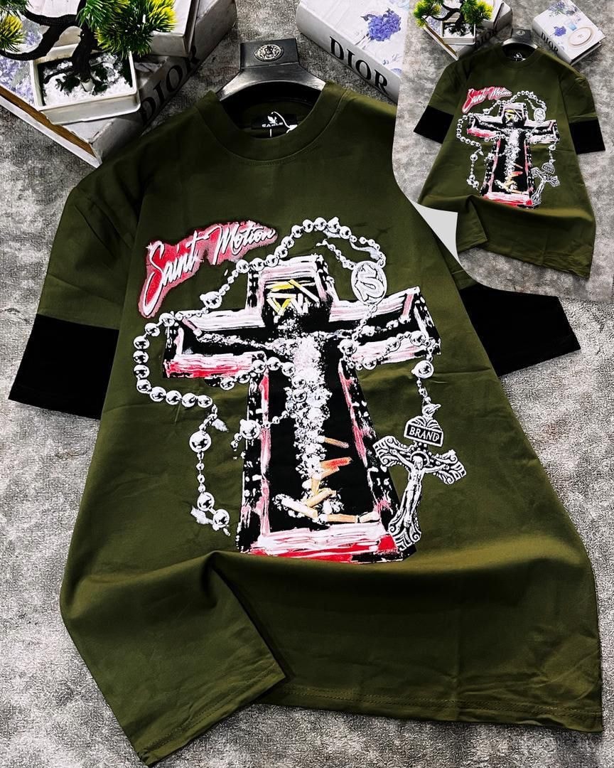 Olive green round neck t-shirt with large cross and chain graphic print.
